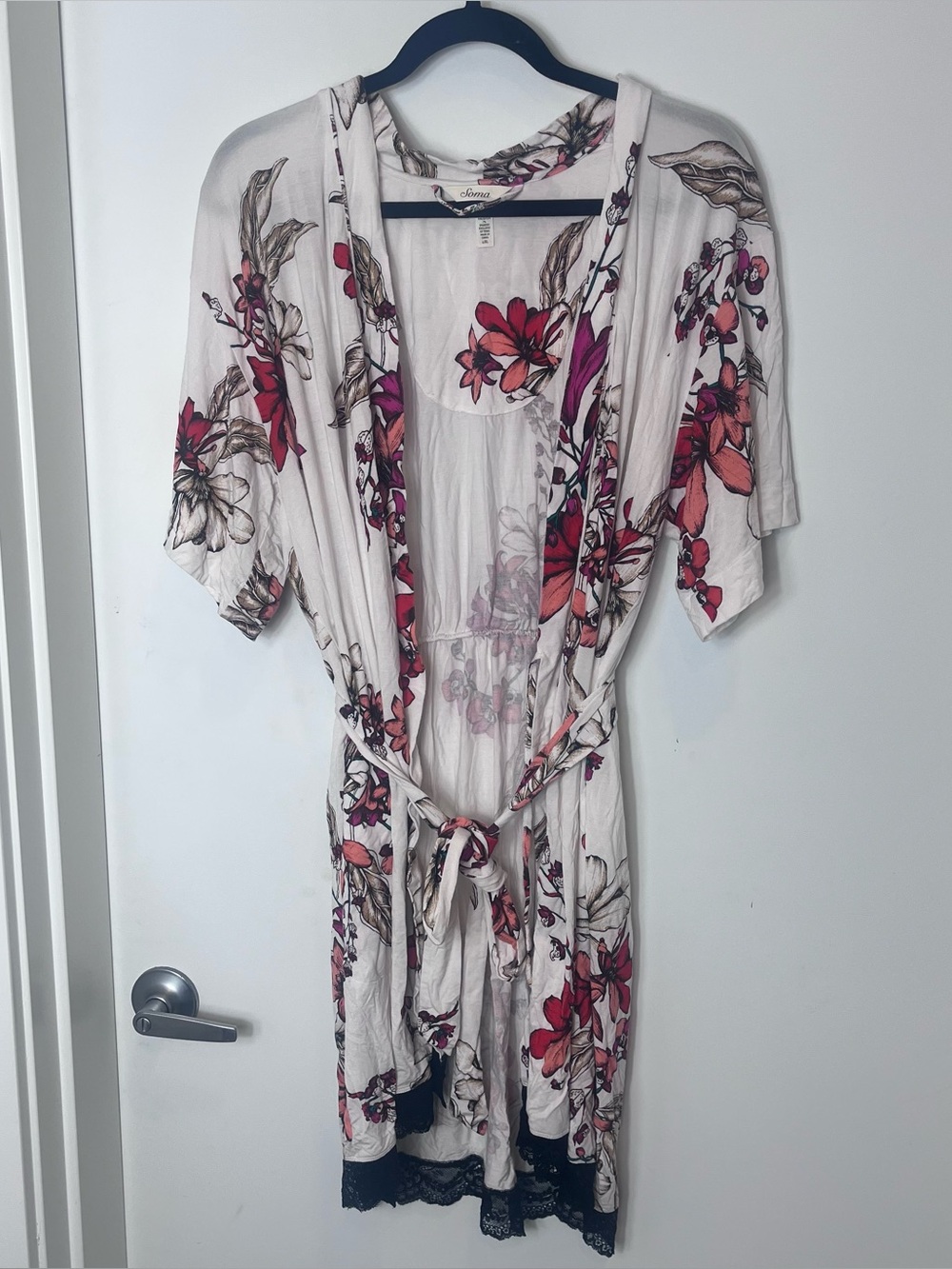 Soma Floral Tie-Waist Robe with Lace Trim Pink Floral Large / XL Intimate Sleep